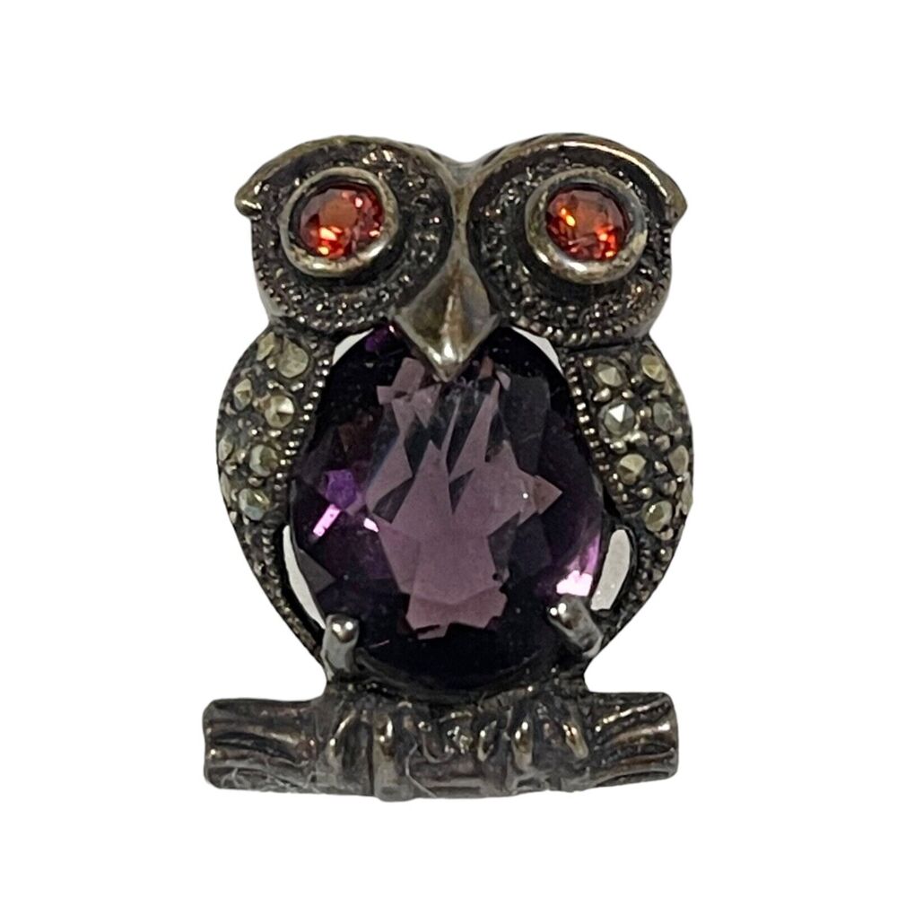 925 Sterling Marcasite Perched Owl Bird Faceted Amethyst Pin Brooch Vintage